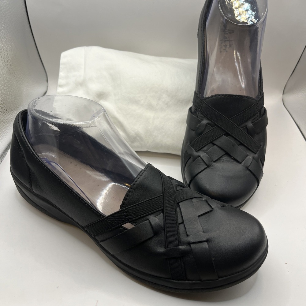 Clarks Woven Flats Womens 8 Black Leather Comfort Work Modest Classic Shoes